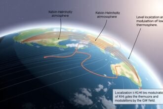 An illustration of the Earth's atmosphere with gravity waves and Kelvin-Helmholtz instability interactions in the mesosphere and lower thermosphere, with a focus on the localization and modulation of KHI by the GW field.