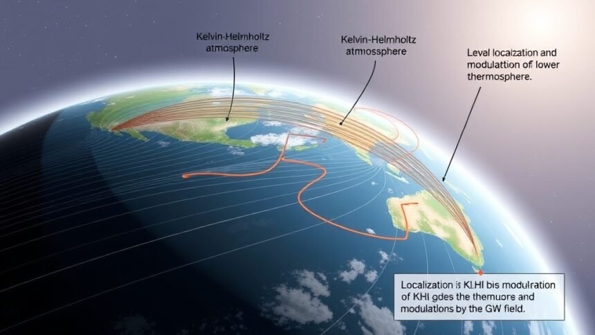 An illustration of the Earth's atmosphere with gravity waves and Kelvin-Helmholtz instability interactions in the mesosphere and lower thermosphere, with a focus on the localization and modulation of KHI by the GW field.