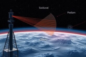 An illustration of a lidar system scanning the atmosphere, with sodium layers and metallic ions visible in the background, surrounded by a subtle depiction of wave and eddy transport.