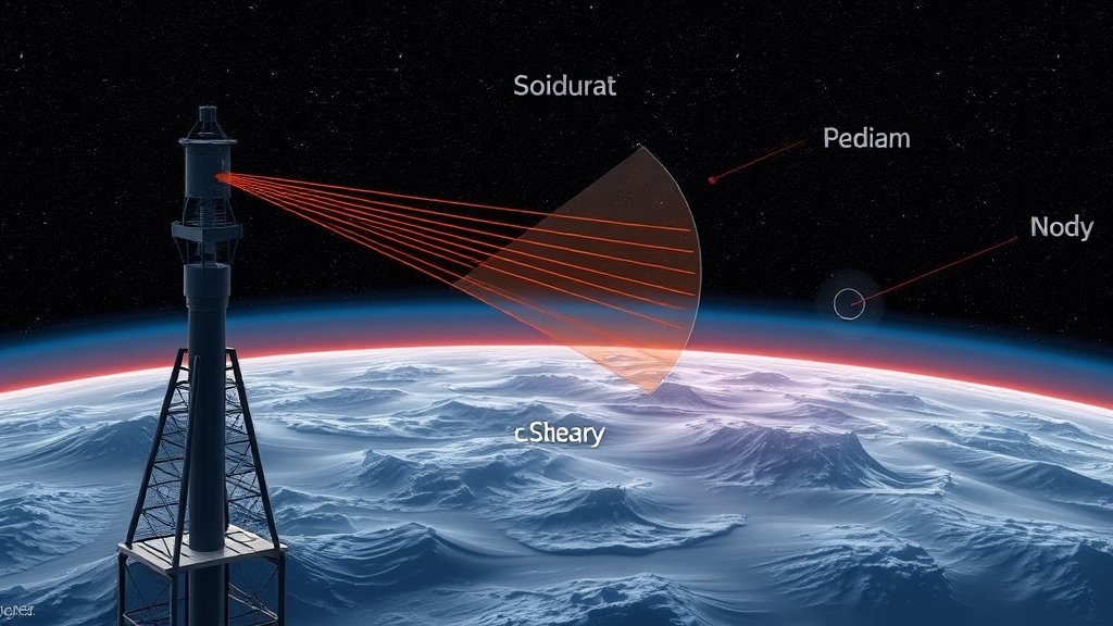 An illustration of a lidar system scanning the atmosphere, with sodium layers and metallic ions visible in the background, surrounded by a subtle depiction of wave and eddy transport.