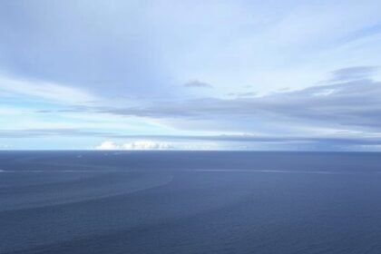 A serene image of the northern Patagonian Shelf with a mix of sea and sky, highlighting the interaction between the ocean and atmosphere, with a subtle hint of carbon dioxide molecules in the air.
