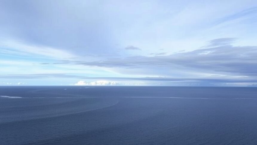 A serene image of the northern Patagonian Shelf with a mix of sea and sky, highlighting the interaction between the ocean and atmosphere, with a subtle hint of carbon dioxide molecules in the air.