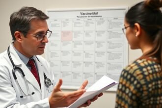 A photo of a pediatrician explaining the vaccine schedule to a concerned parent, with a calendar or chart in the background highlighting the recommended vaccinations for children and adolescents.