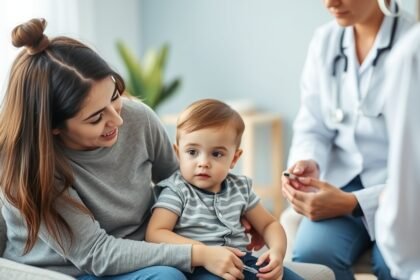 A concerned parent sitting with their child, with a healthcare professional in the background, discussing vaccination options