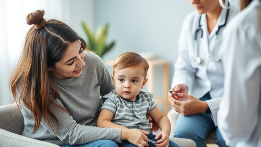 A concerned parent sitting with their child, with a healthcare professional in the background, discussing vaccination options