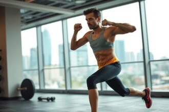 A person doing high-intensity interval training in a gym with a background of a cityscape