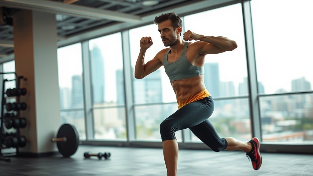 A person doing high-intensity interval training in a gym with a background of a cityscape