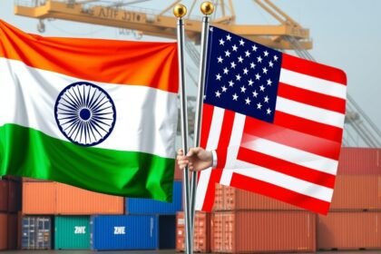 A professional image of Indian and American flags together with a background of trade-related activities, such as shipping containers or businessmen shaking hands.