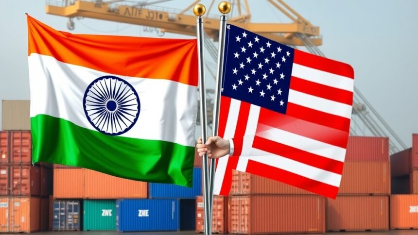 A professional image of Indian and American flags together with a background of trade-related activities, such as shipping containers or businessmen shaking hands.
