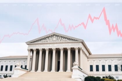 A photo of the US Supreme Court building with a graph of stock market trends in the background