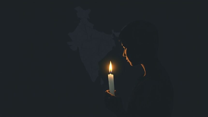 A somber illustration of a person holding a candle with a faint image of the Indian map in the background, highlighting the struggles of northeast students in India