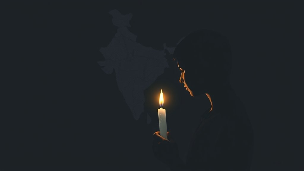 A somber illustration of a person holding a candle with a faint image of the Indian map in the background, highlighting the struggles of northeast students in India