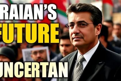 A photo of Reza Pahlavi, the exiled son of Iran's last shah, standing in front of a crowd of protesters with a bold headline in the background reading "Iran's Future Uncertain"