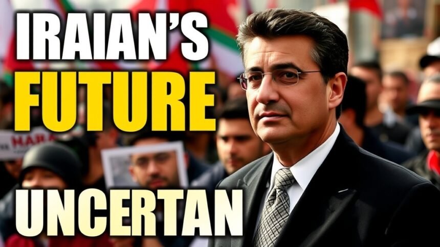 A photo of Reza Pahlavi, the exiled son of Iran's last shah, standing in front of a crowd of protesters with a bold headline in the background reading "Iran's Future Uncertain"
