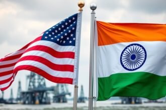 A photo of the Indian and American flags with a subtle background of oil rigs, symbolizing the complex trade relationships between the two nations.