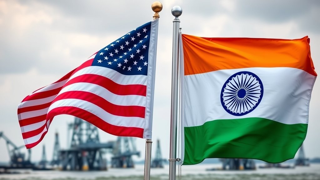 A photo of the Indian and American flags with a subtle background of oil rigs, symbolizing the complex trade relationships between the two nations.