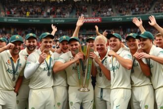 A photo of the Australian cricket team celebrating their Ashes series win with the trophy, with a mix of happy and relieved faces, in a stadium filled with cheering fans.