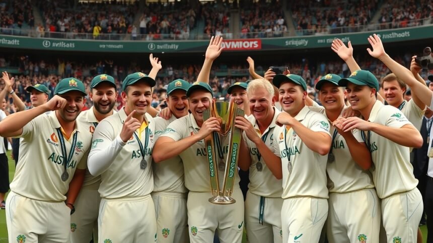 A photo of the Australian cricket team celebrating their Ashes series win with the trophy, with a mix of happy and relieved faces, in a stadium filled with cheering fans.