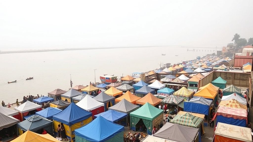 A photograph of the Varanasi Tent City with the Ganga River in the background, highlighting the environmental concerns.