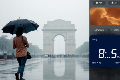 A photo of a person walking in the rain with an umbrella in front of the India Gate in Delhi, with a foggy background and a temperature display showing a low reading.