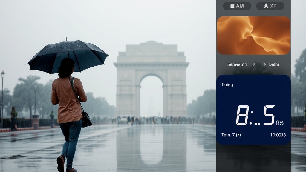 A photo of a person walking in the rain with an umbrella in front of the India Gate in Delhi, with a foggy background and a temperature display showing a low reading.