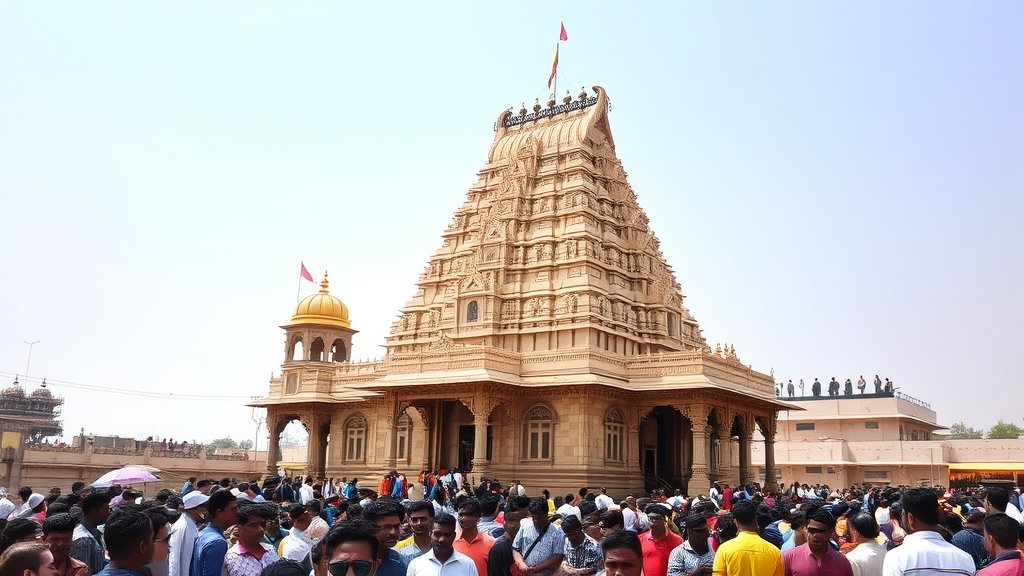 A photograph of the Somnath Temple in Gujarat, India, with a crowd of people in the foreground and the temple's majestic structure in the background, symbolizing the blend of history, culture, and spirituality.