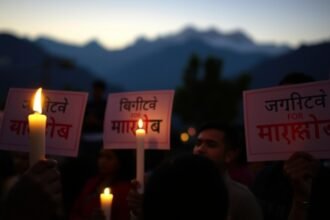 A somber image of a candlelight vigil with people holding signs that read "Justice for Ankita" in Hindi, with a blurred background of the Himalayas in Uttarakhand.