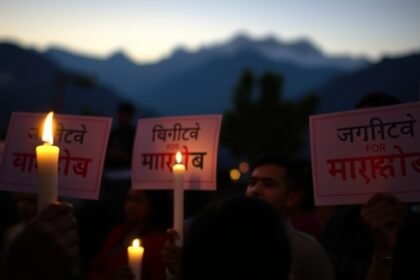 A somber image of a candlelight vigil with people holding signs that read "Justice for Ankita" in Hindi, with a blurred background of the Himalayas in Uttarakhand.