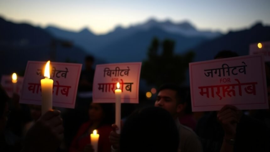 A somber image of a candlelight vigil with people holding signs that read "Justice for Ankita" in Hindi, with a blurred background of the Himalayas in Uttarakhand.