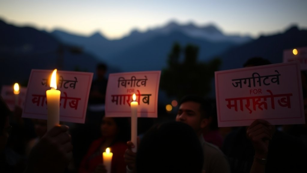 A somber image of a candlelight vigil with people holding signs that read "Justice for Ankita" in Hindi, with a blurred background of the Himalayas in Uttarakhand.