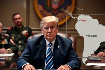 A photo of Donald Trump in a meeting with his military advisors, with a map of South America in the background, highlighting Colombia and Venezuela.