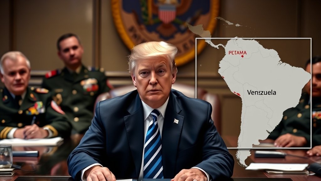 A photo of Donald Trump in a meeting with his military advisors, with a map of South America in the background, highlighting Colombia and Venezuela.