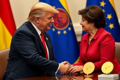 A photo of Donald Trump and Maria Corina Machado shaking hands, with a Venezuelan flag in the background and a Nobel Peace Prize medal on a table nearby.