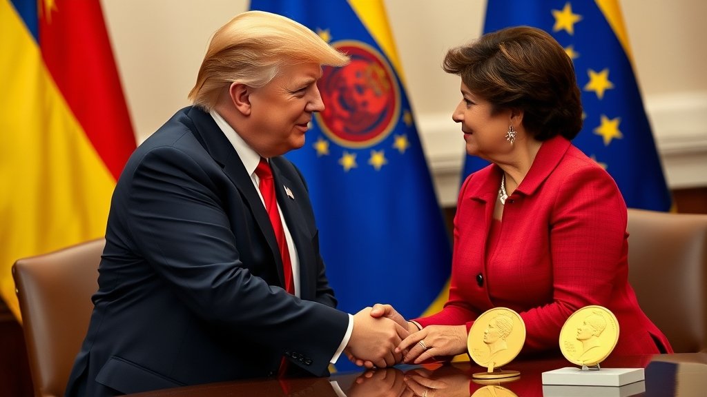 A photo of Donald Trump and Maria Corina Machado shaking hands, with a Venezuelan flag in the background and a Nobel Peace Prize medal on a table nearby.