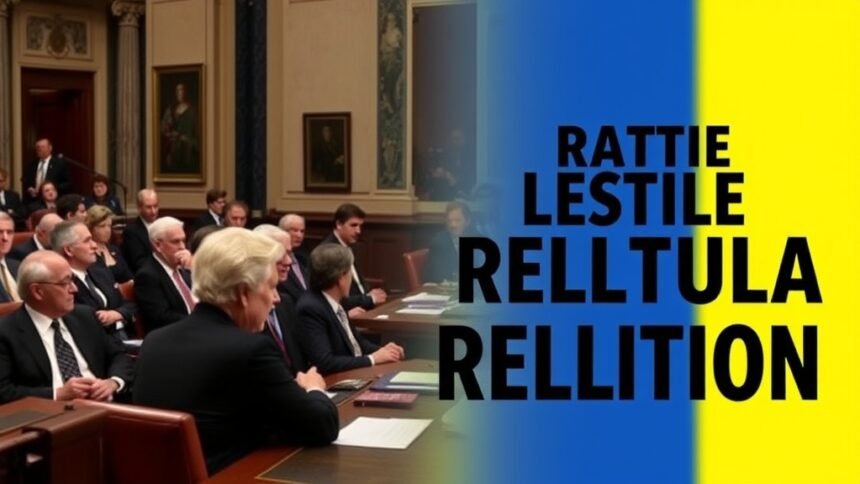 A photo of the US Senate in session, with a focus on the lawmakers discussing the Venezuela resolution, and a subtle hint of the Venezuelan flag or a related symbol in the background.