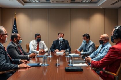 A group of government officials and tech experts discussing the issue of non-consensual nudity and deepfakes in a conference room.