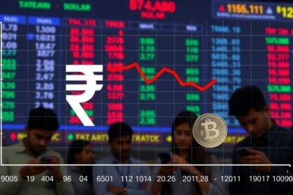 A graph showing the decline of the Indian rupee against the US dollar, with a background of a stock market screen and a few people looking at their phones with concern