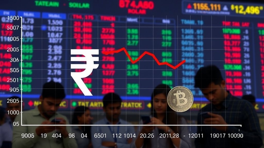 A graph showing the decline of the Indian rupee against the US dollar, with a background of a stock market screen and a few people looking at their phones with concern