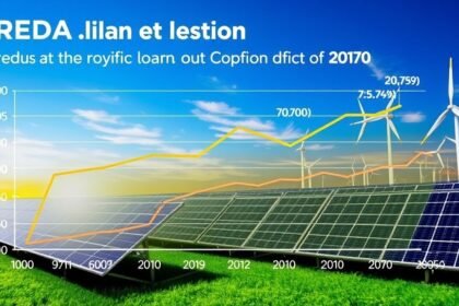 A graph showing the growth of IREDA's net profit and loan disbursement over the past few years, with a background image of a solar power plant or a wind farm.