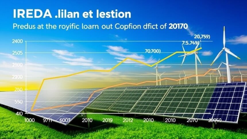 A graph showing the growth of IREDA's net profit and loan disbursement over the past few years, with a background image of a solar power plant or a wind farm.