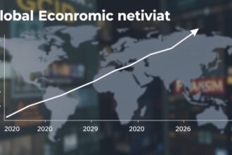A graph showing the global economic growth rate from 2020 to 2026, with a subtle background image of a world map or a financial district.