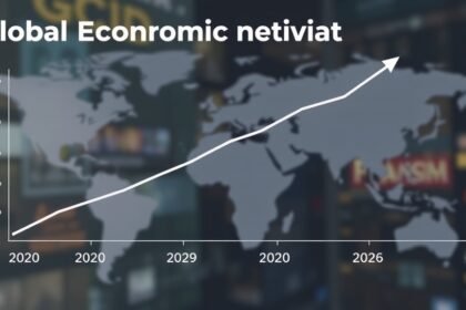 A graph showing the global economic growth rate from 2020 to 2026, with a subtle background image of a world map or a financial district.