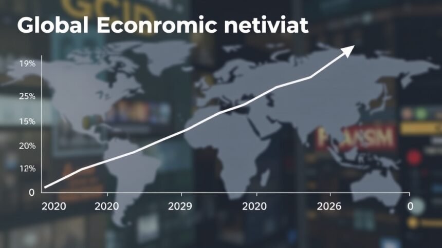 A graph showing the global economic growth rate from 2020 to 2026, with a subtle background image of a world map or a financial district.