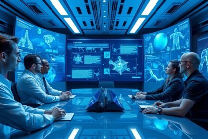 A futuristic conference room with researchers interacting with metahuman AI avatars, surrounded by virtual screens displaying scientific data and visuals.