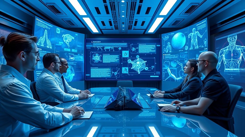 A futuristic conference room with researchers interacting with metahuman AI avatars, surrounded by virtual screens displaying scientific data and visuals.