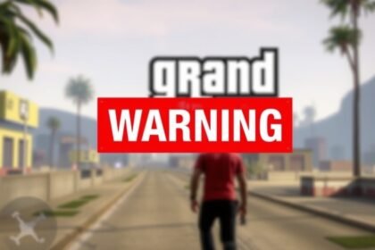 A screenshot of Grand Theft Auto 6 gameplay with a blurred background and a bold, red warning label overlaid on top, symbolizing the debate over violent video games.