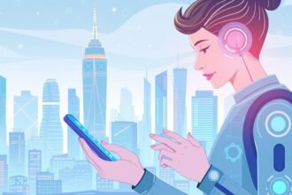 A futuristic illustration of a person interacting with an AI-powered device, with a cityscape in the background, highlighting the integration of technology and daily life.