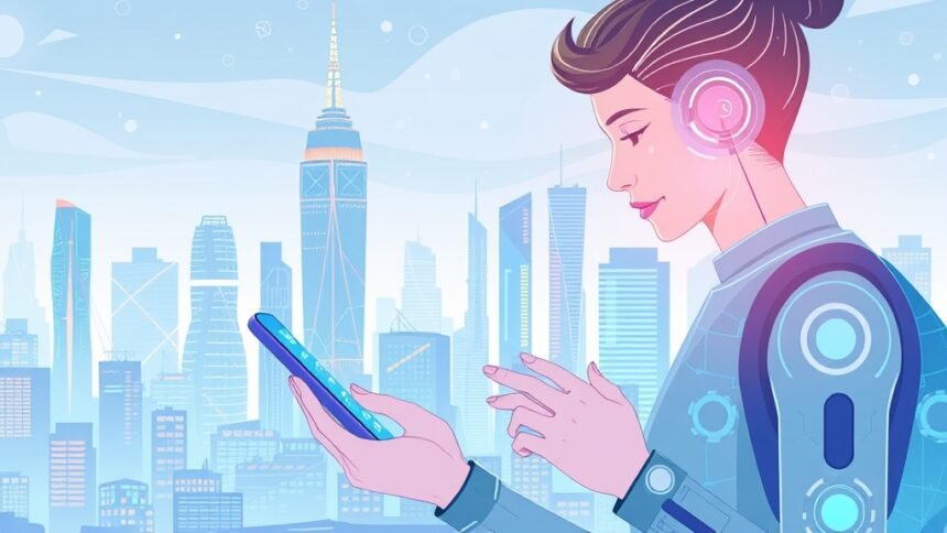 A futuristic illustration of a person interacting with an AI-powered device, with a cityscape in the background, highlighting the integration of technology and daily life.