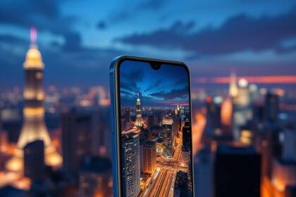 A high-quality image of the Honor Magic 8 Pro Air smartphone with a cityscape at night, highlighting its camera capabilities