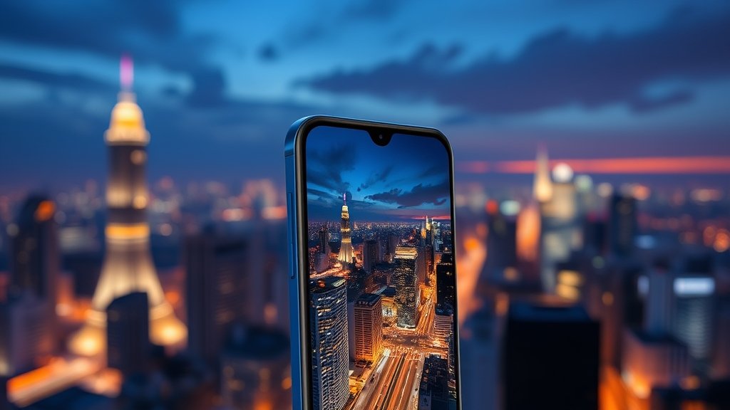 A high-quality image of the Honor Magic 8 Pro Air smartphone with a cityscape at night, highlighting its camera capabilities